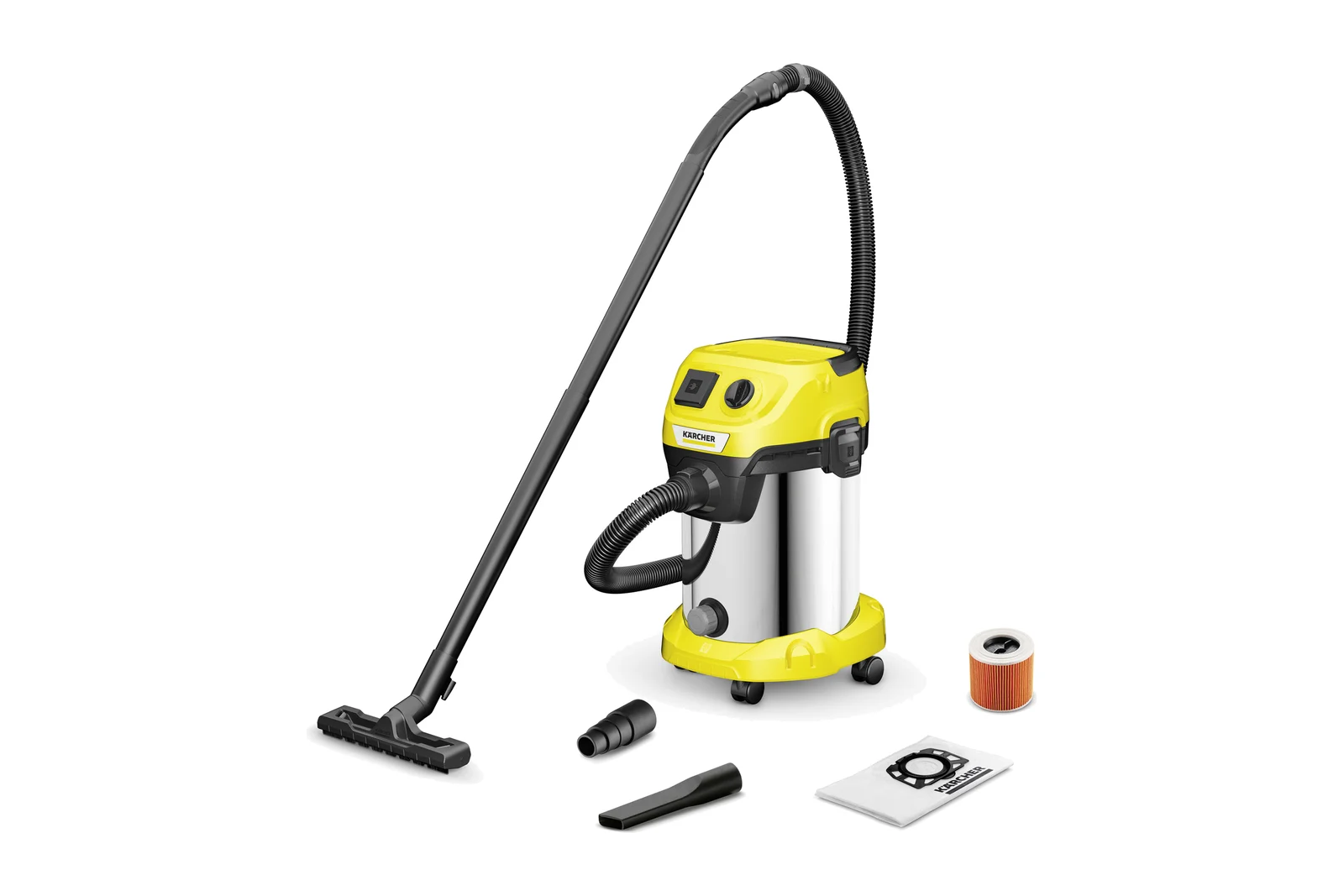 Kärcher WD 3 P S stainless steel wet and dry vacuum with wand, floor nozzle, crevice nozzle, cartridge filter and fleece bag