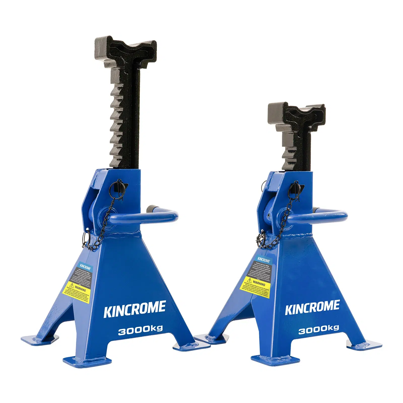 Pair of blue Kincrome K12274 pin and ratchet jack stands rated 3,000kg per pair