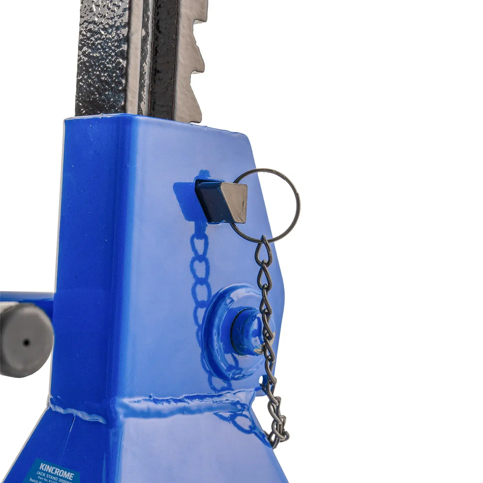 Close-up of the safety locking pin on its lanyard passing through the column of a Kincrome K12274 jack stand
