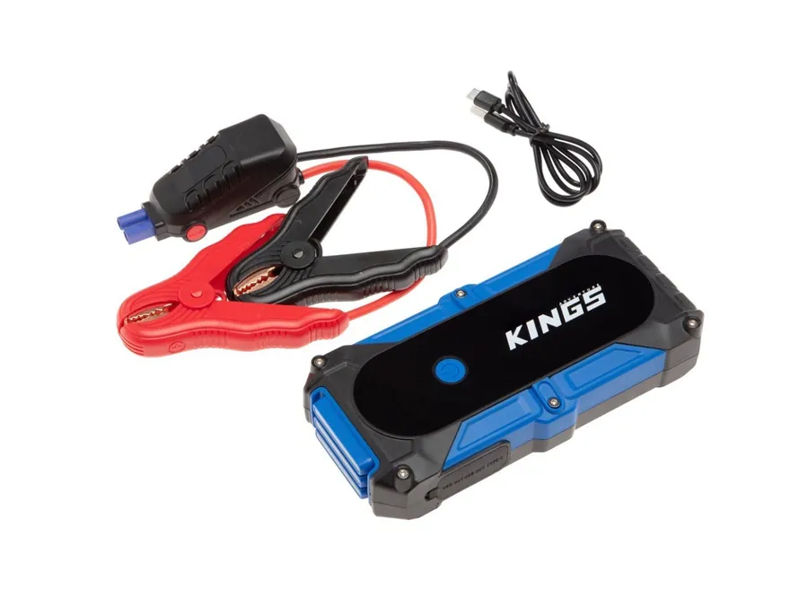 Blue and black Kings 1000A Lithium Jump Starter MKII with clamp lead and USB charging cable