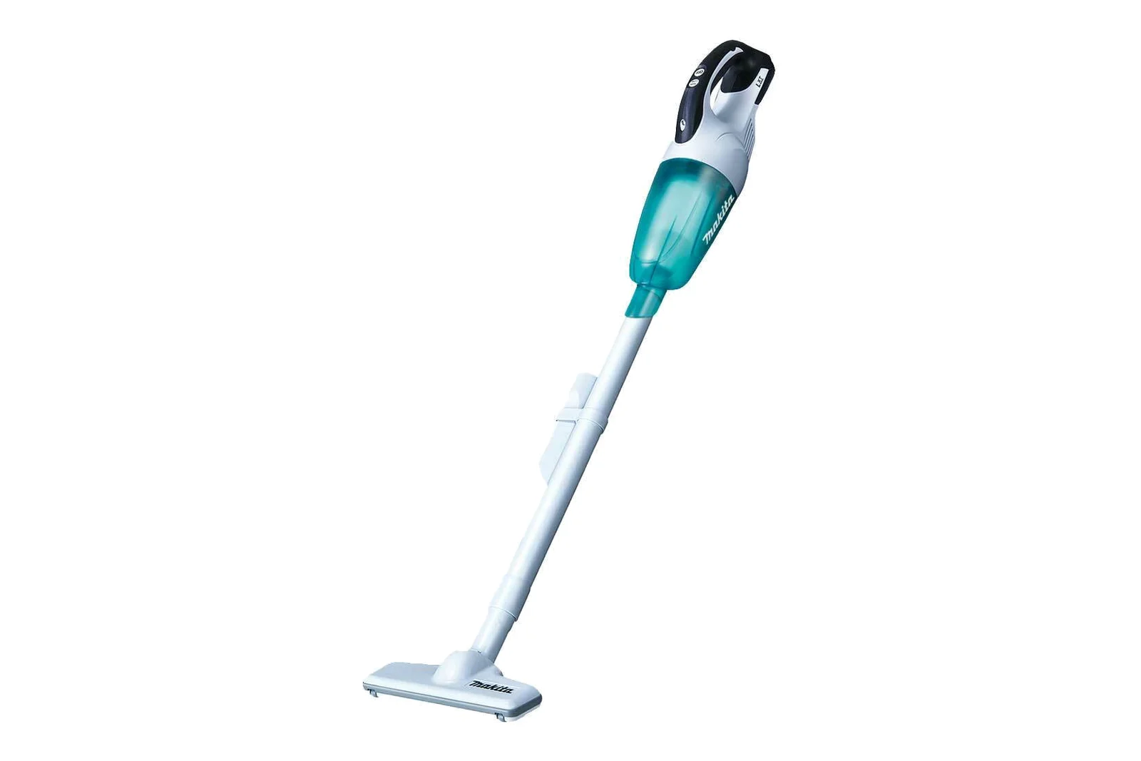 Makita DCL181FZWX 18V cordless stick vacuum in white with teal dust container and T-nozzle