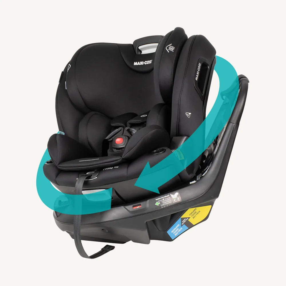 Maxi-Cosi Halo 360 rotating car seat on its base with an arrow showing the 360-degree rotation and the top tether attached to the base