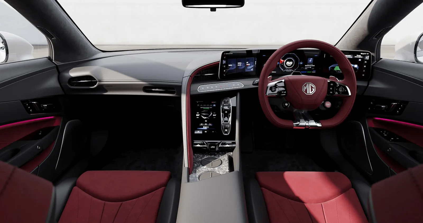 Right-hand-drive MG Cyberster dashboard showing the wraparound screens and red and black seats
