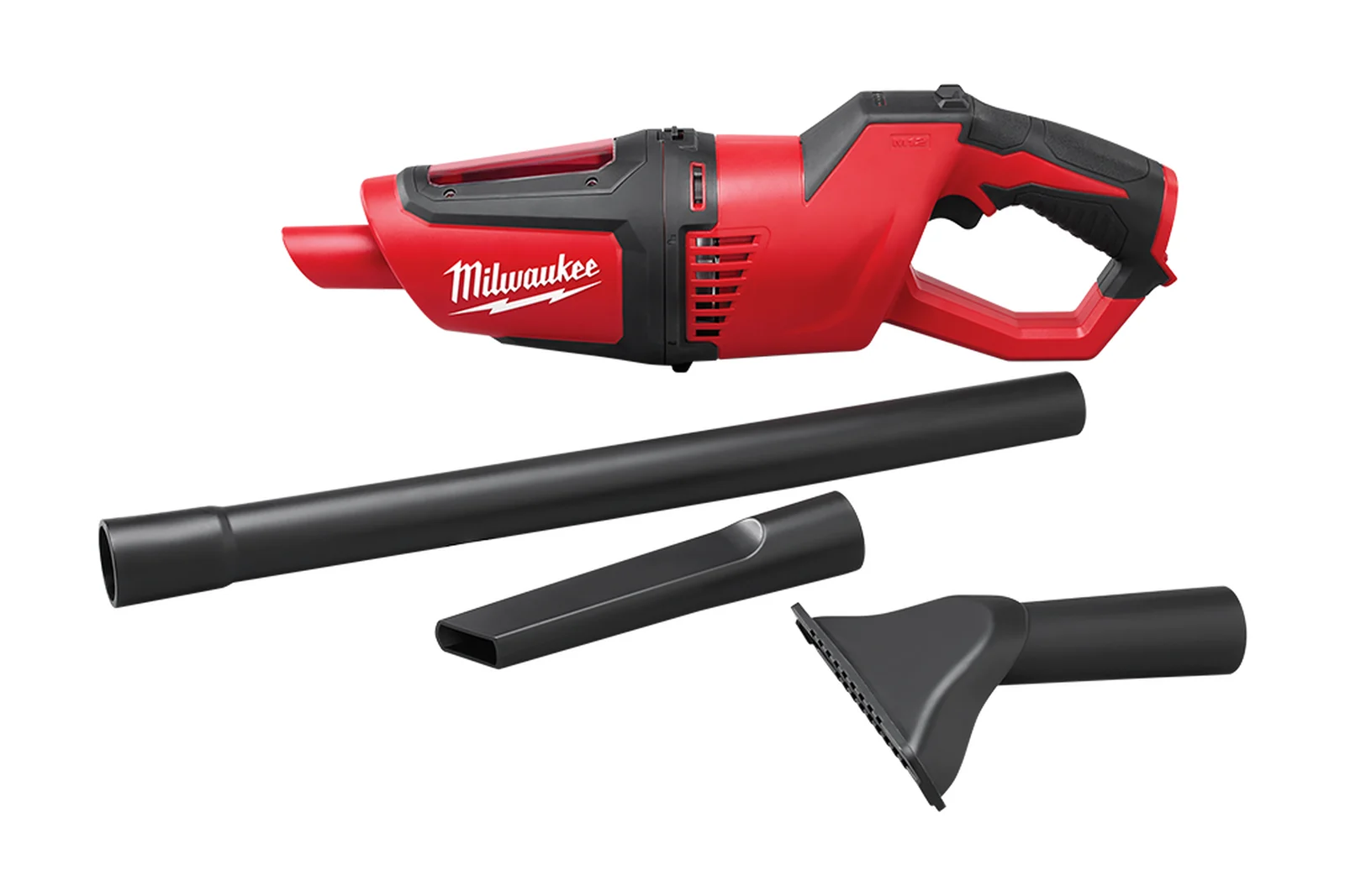 Milwaukee M12HV-0 red compact hand vacuum with extension wand, crevice tool and utility nozzle