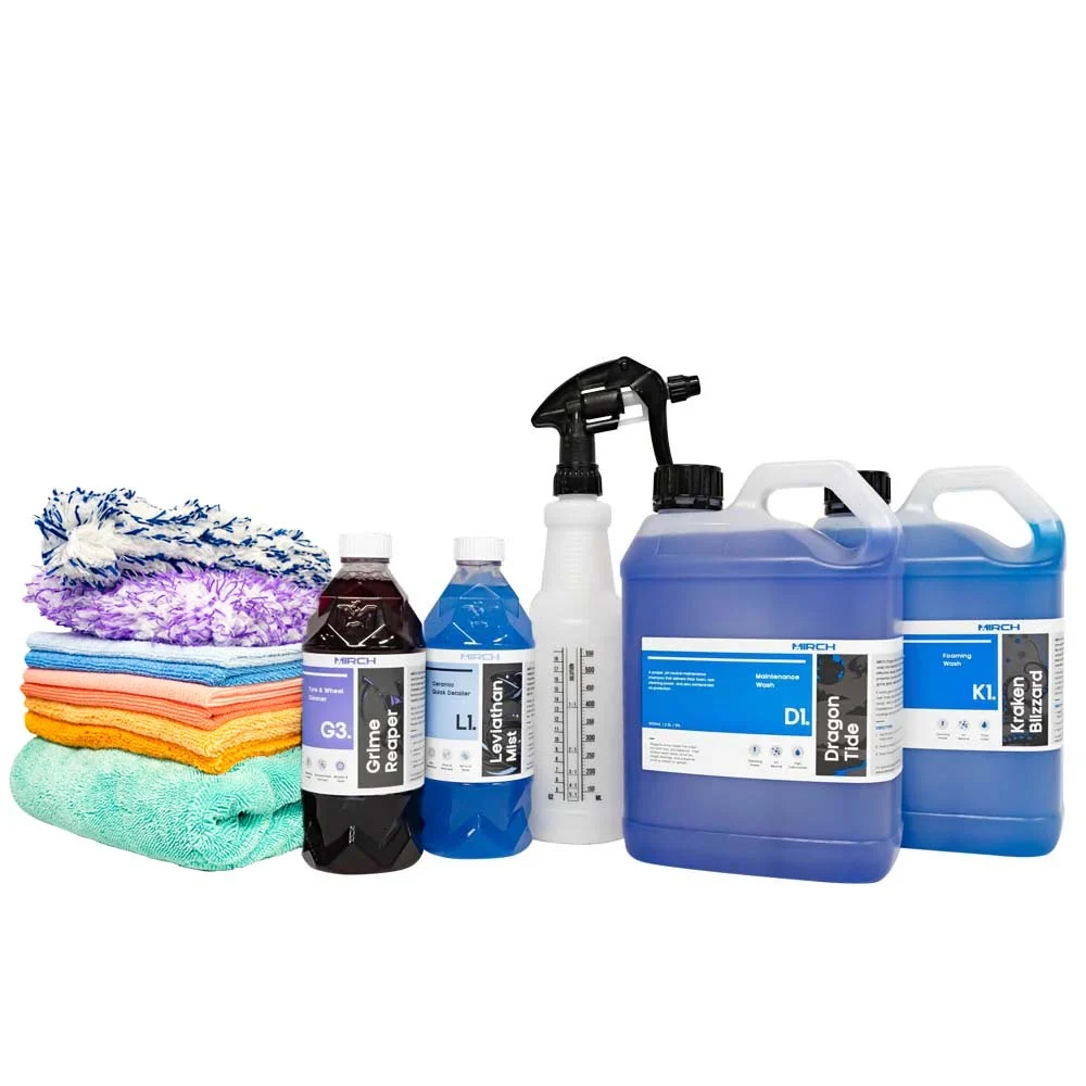 MIRCH Exterior Car Wash Kit laid out with wheel cleaner, snow foam, car wash, spray bottle, wheel brush and microfibre towels