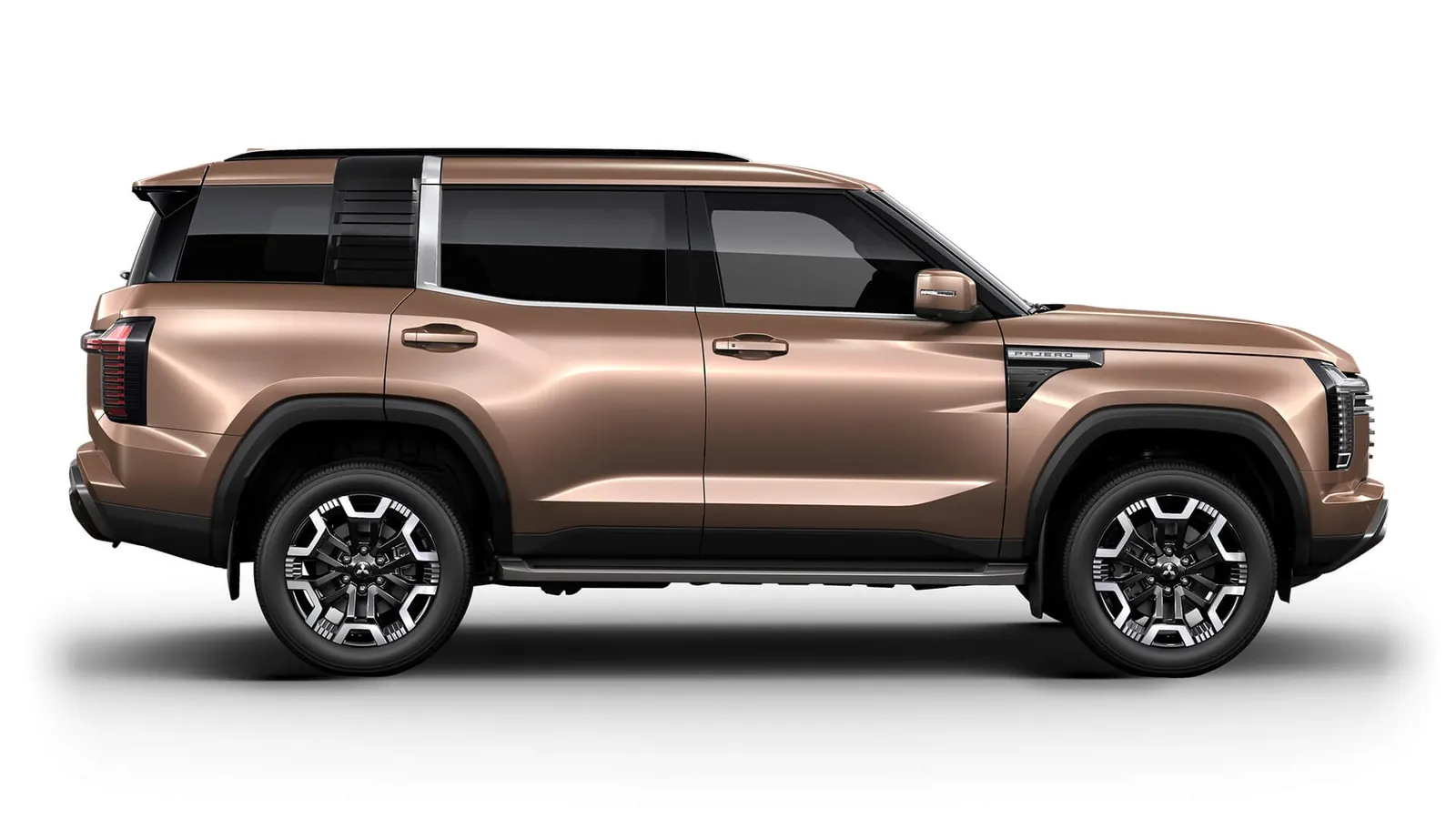 Side profile of a 2027 Mitsubishi Pajero Exceed in Armour Copper on 20-inch machined alloy wheels
