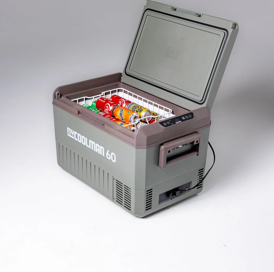 myCOOLMAN 60 Recreational Series 12V fridge freezer with the lid open and a wire basket full of cans