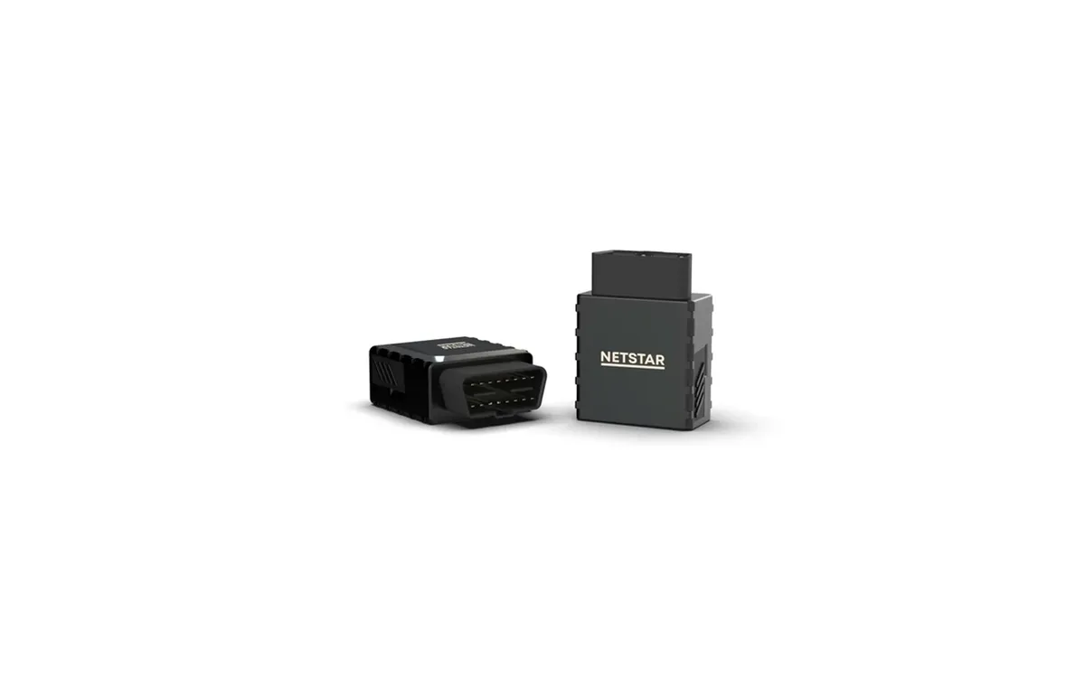 Netstar OBD II 4G plug-in GPS tracking device shown from two angles on a white background