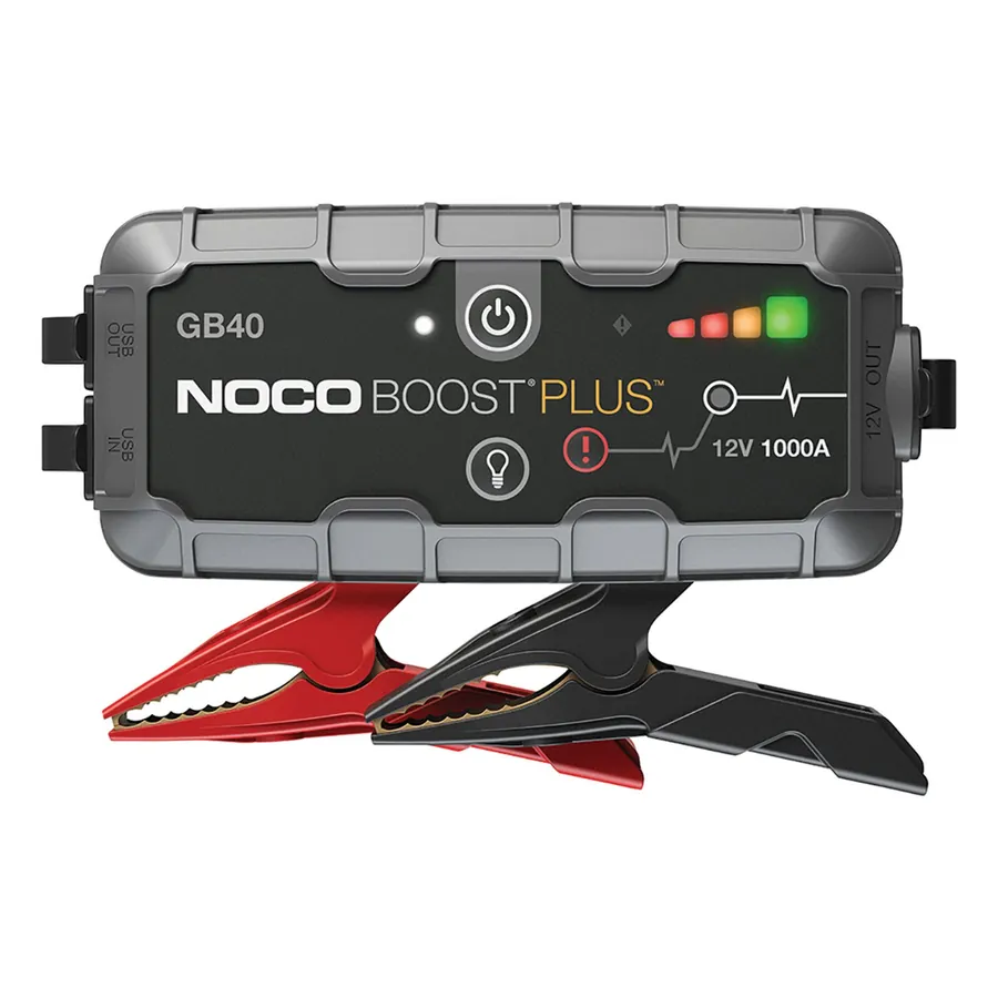 NOCO Boost Plus GB40 1000A compact lithium jump starter with red and black clamps