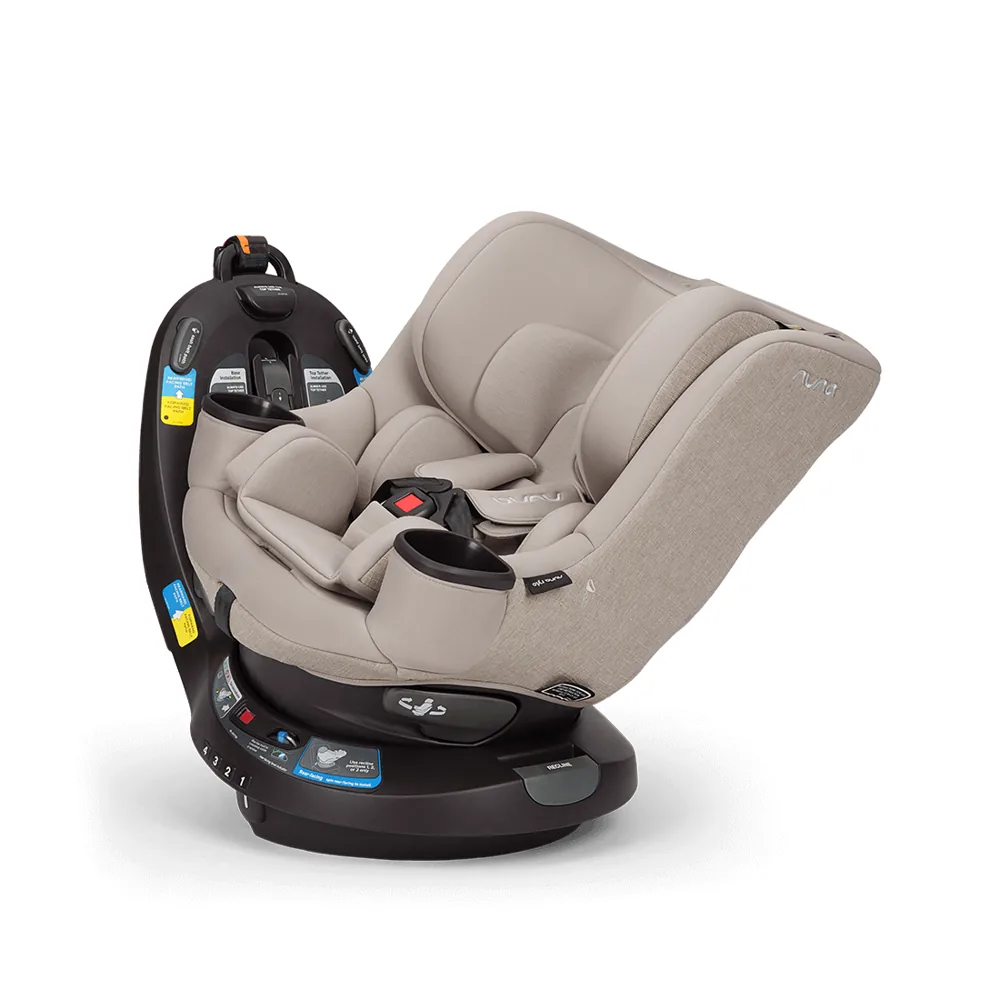 Nuna Rylo 360 rotating convertible car seat in Chateau, shown rotated sideways on its base