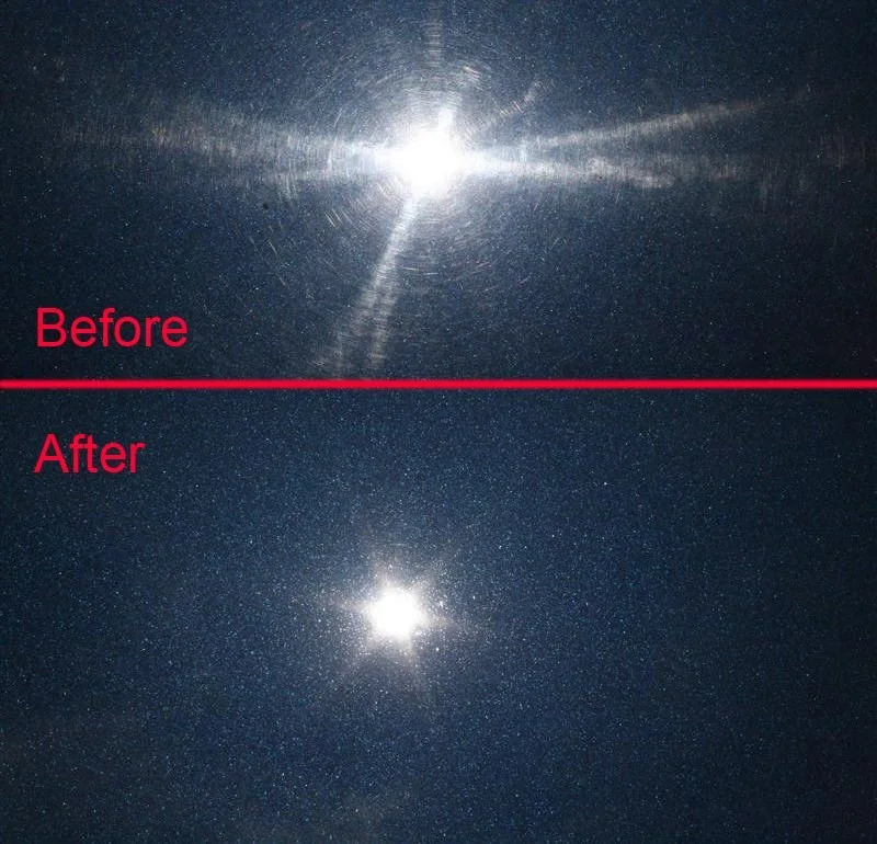 Before and after view of swirl marks around a point light on dark car paint, corrected below the line