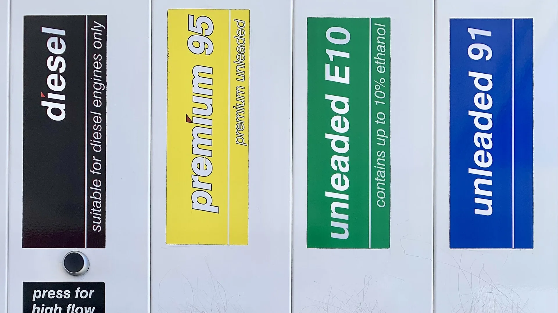Diesel, premium 95, E10 and unleaded 91 bowser labels Bowser labels for diesel, premium 95, unleaded E10 and unleaded 91 side by side at an Australian service station