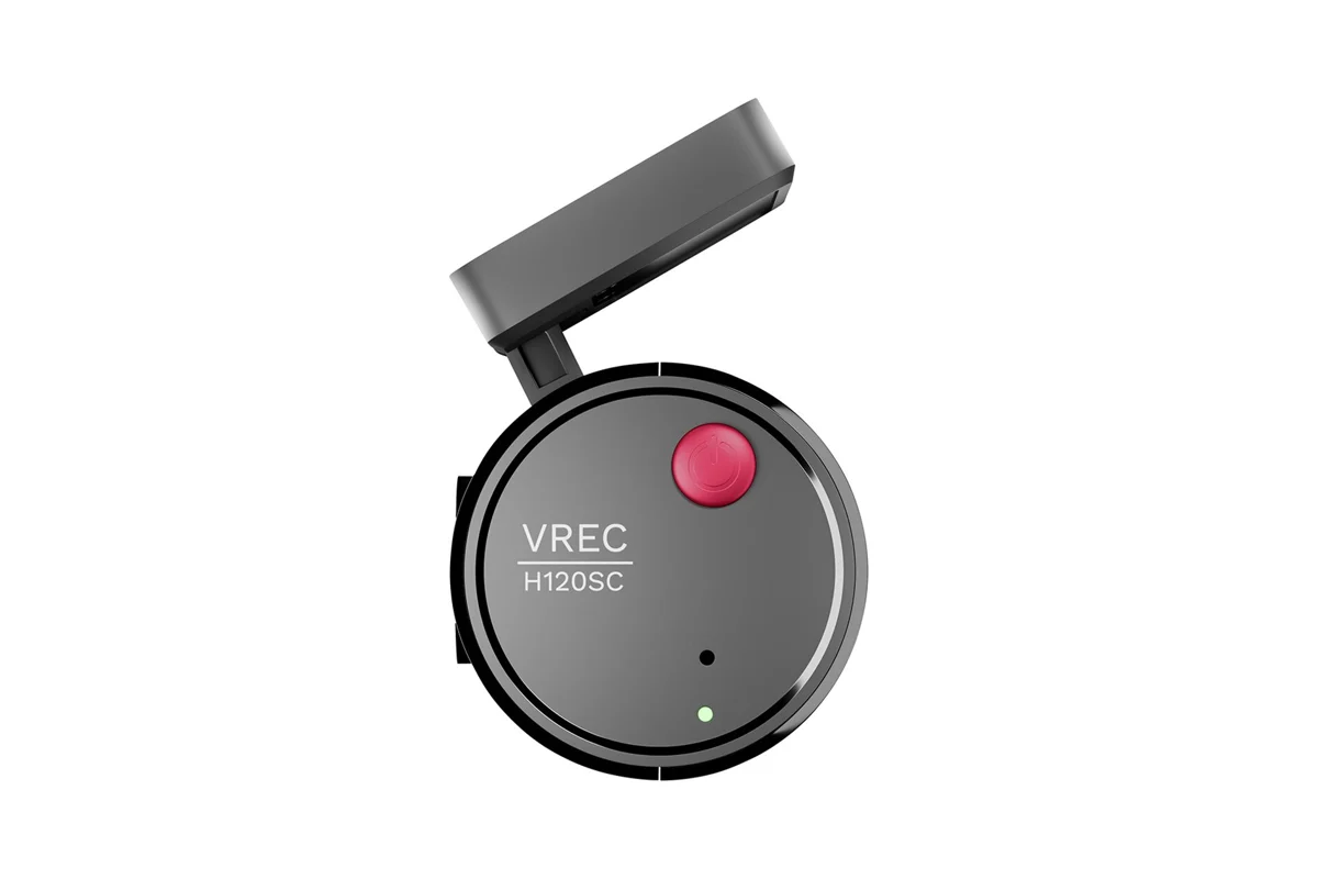 Compact round Pioneer VREC-H120SC single-channel dash cam with red record button and adhesive mount