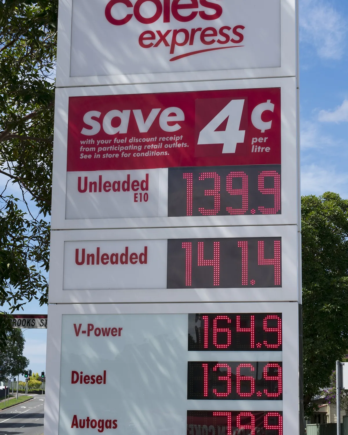 Coles Express price board in Wallsend, NSW showing E10, unleaded, V-Power premium, diesel and autogas prices in 2017