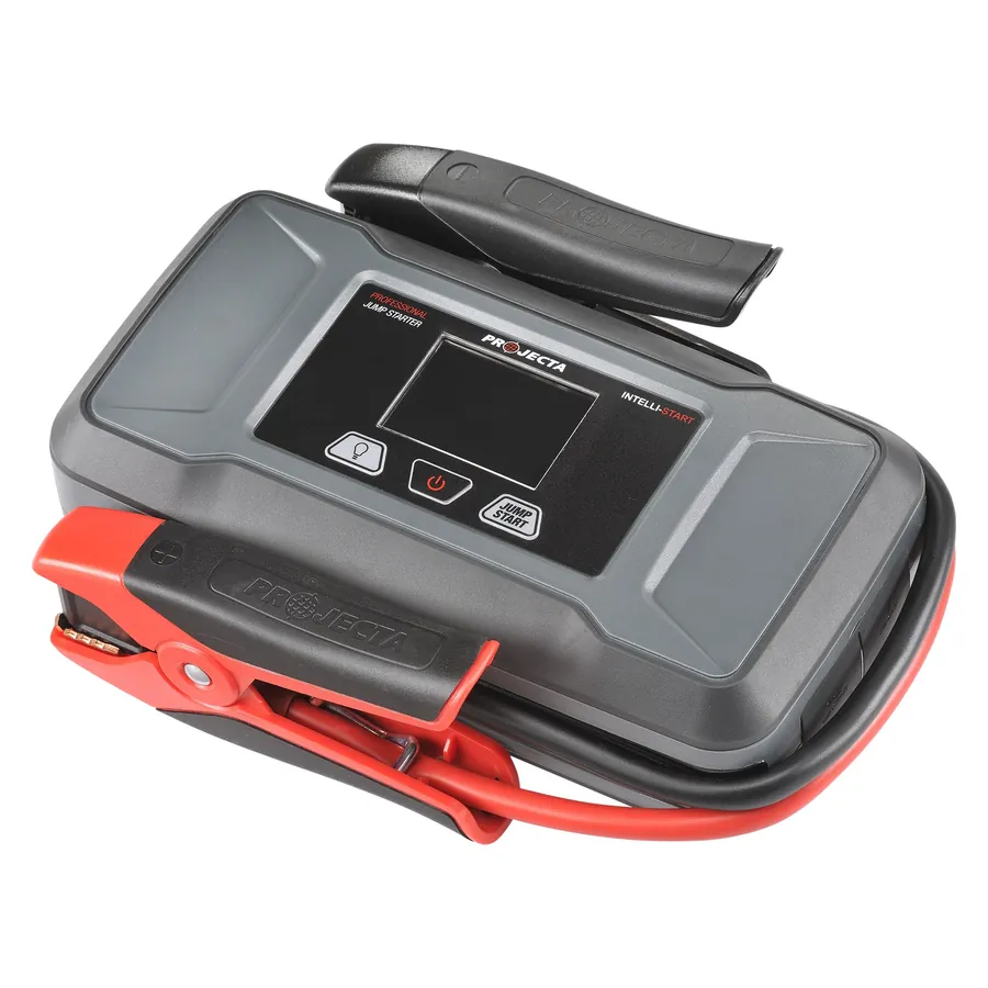 Projecta Intelli-Start IS1400 lithium iron phosphate jump starter with its LCD screen and red clamps