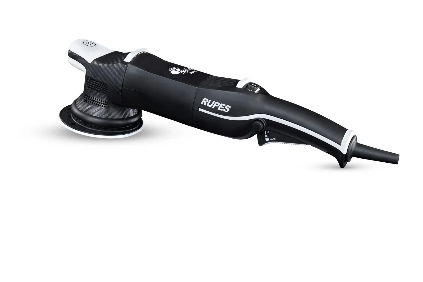 Rupes BigFoot LHR15 Mark V 15mm random orbital polisher in black with its 125mm backing pad