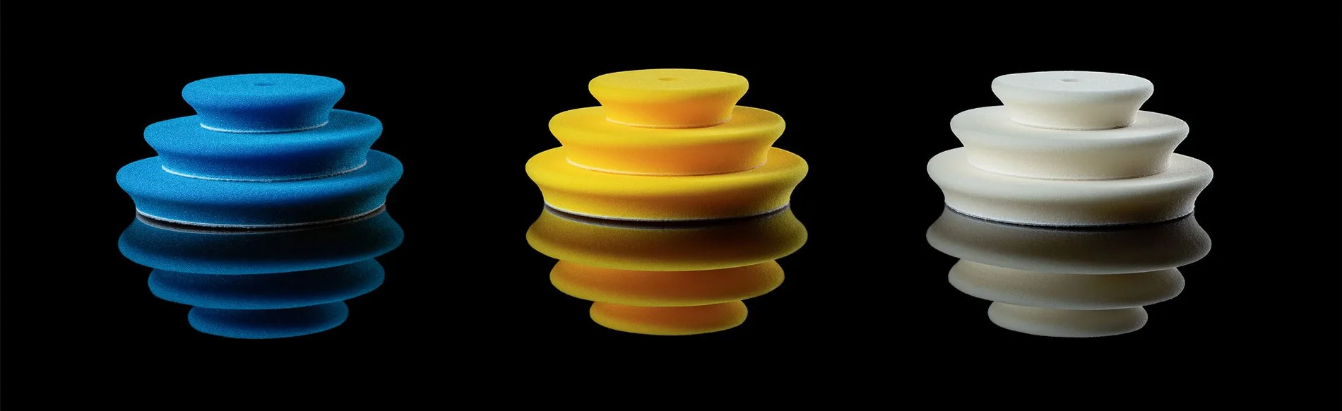 Blue, yellow and white Rupes D-A foam polishing pads for cutting, polishing and finishing