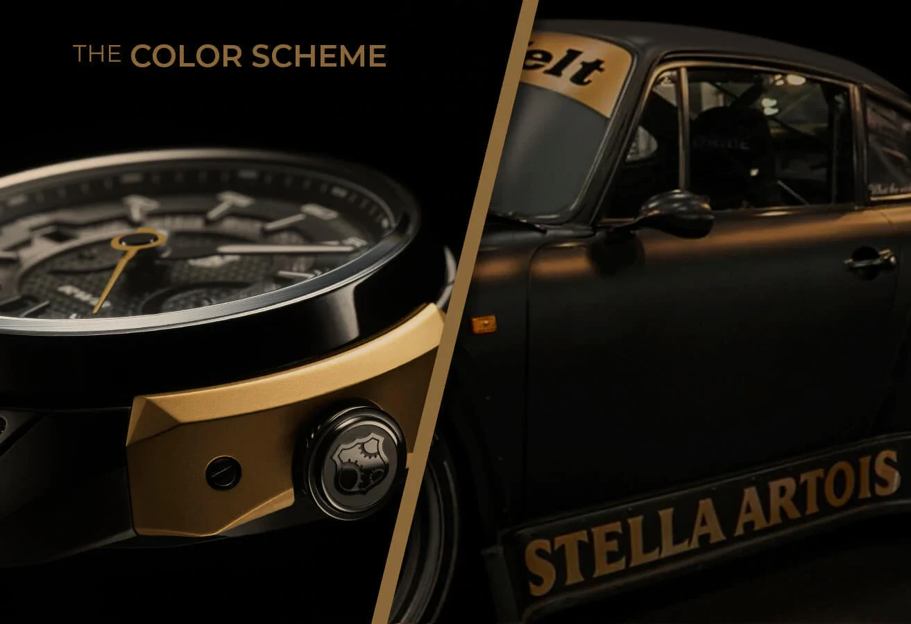 Gold Stella Artois lettering on the matte black RWB 930 sill, shown beside the REC 901 RWB watch case
