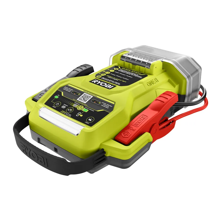 RYOBI 18V ONE+ 1600A jump starter RJSC18 in green with clamps stowed and a carry handle