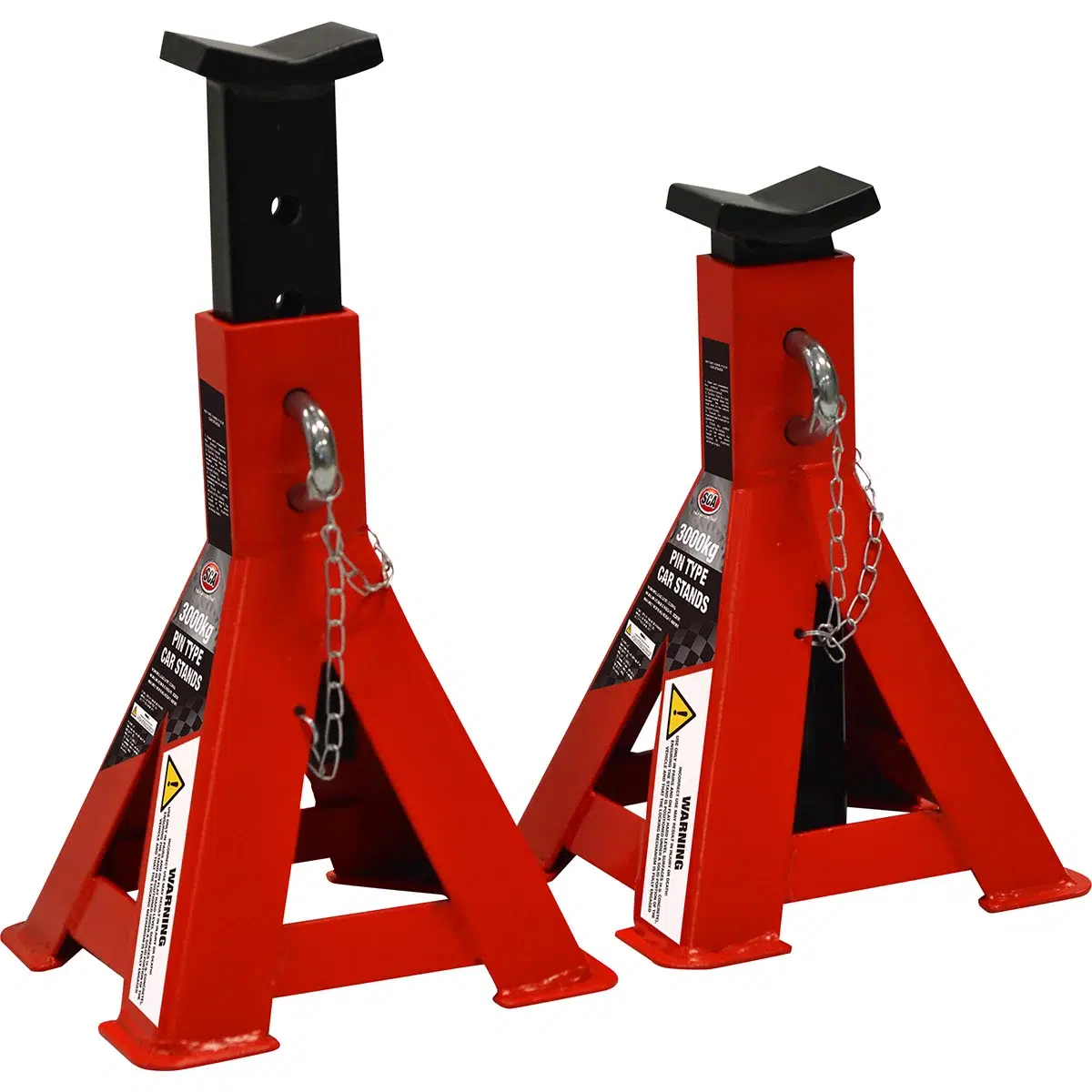 Pair of red SCA pin-type car stands rated 3000kg per pair, with chained locking pins