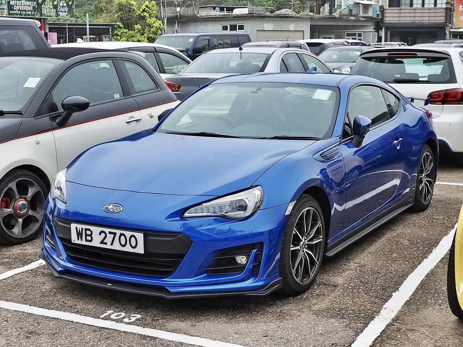 Facelifted Subaru BRZ coupe in WR Blue parked in a car park, front three-quarter view