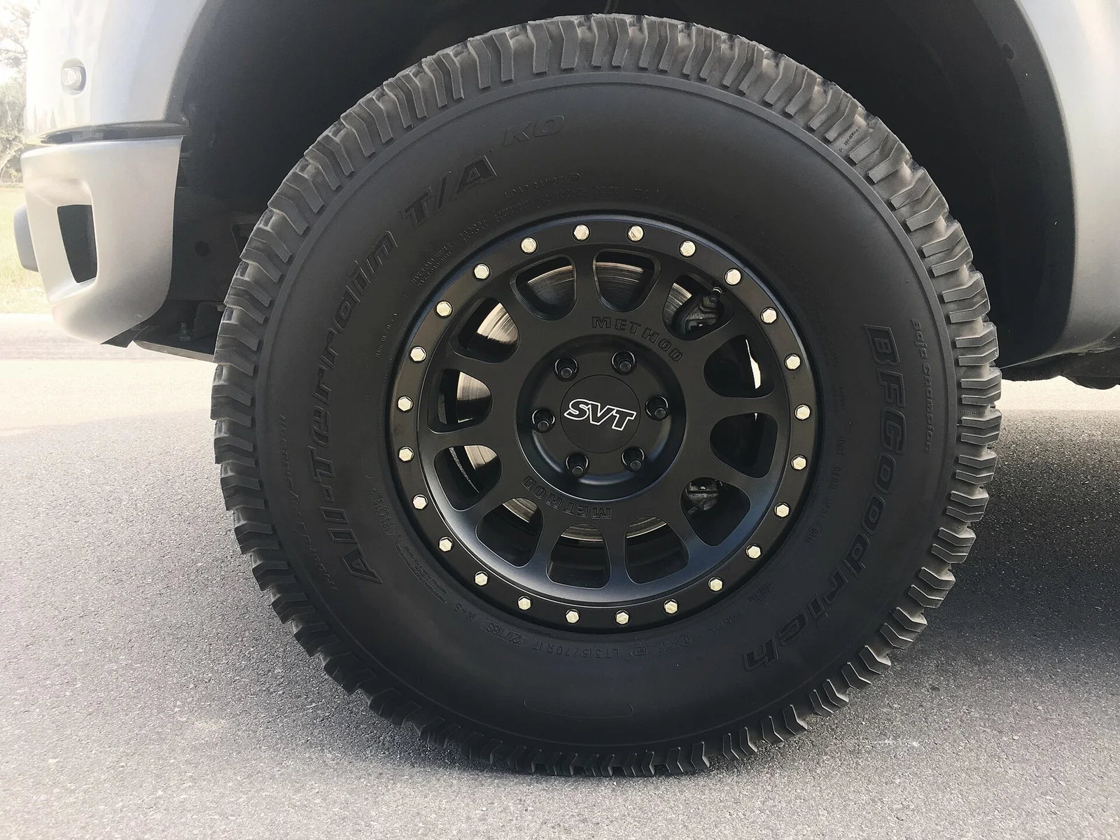 BFGoodrich all-terrain tyre with a tall sidewall on a Ford 4x4, showing the deep cushion of rubber above the rim