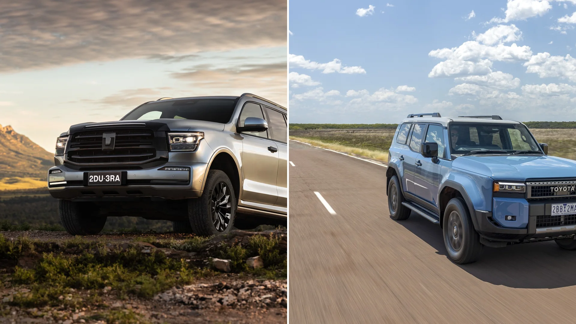 GWM Tank 500 diesel vs Toyota Prado Split image of a silver GWM Tank 500 diesel in the Flinders Ranges beside a blue Toyota LandCruiser Prado on a highway