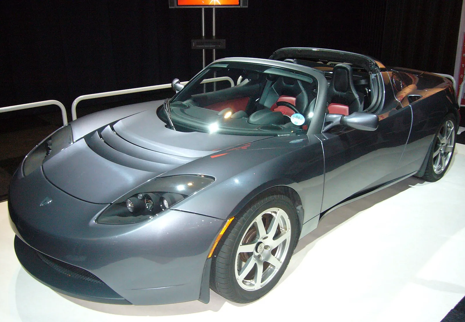 Grey first-generation 2008 Tesla Roadster on display at the AutoRAI motor show in Amsterdam