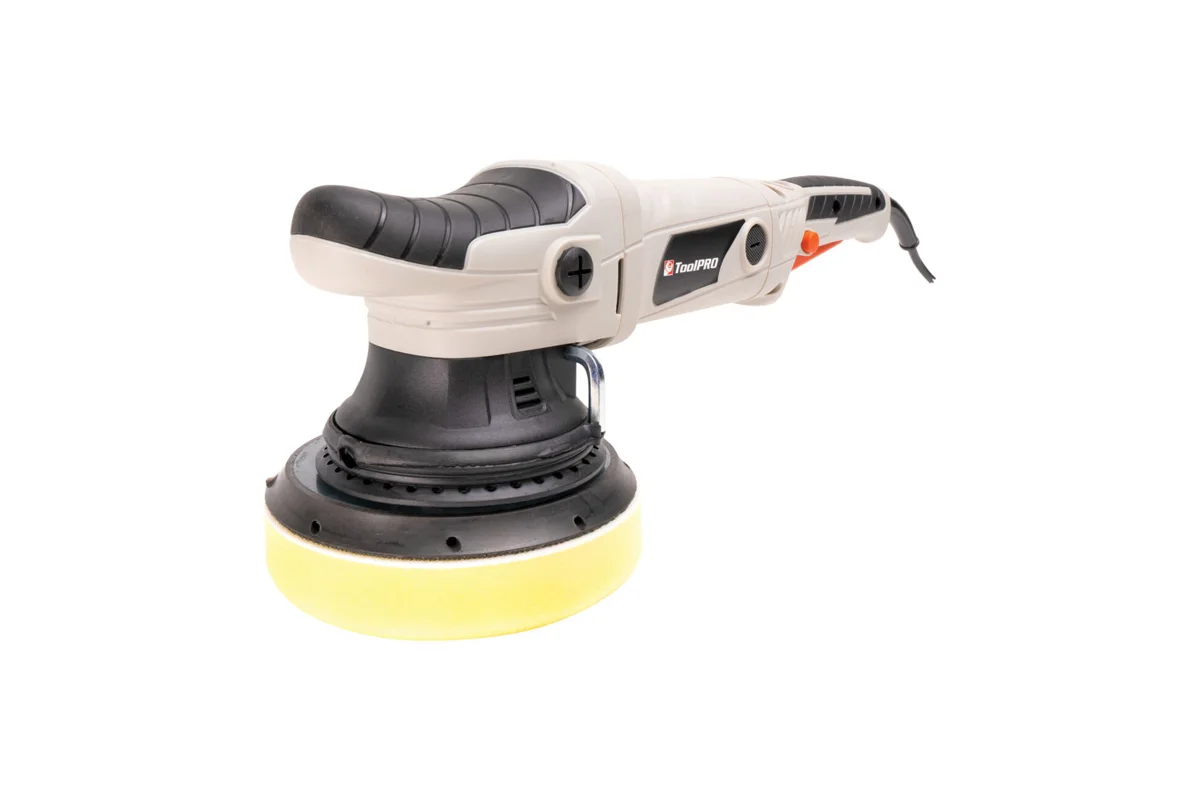 ToolPRO 150mm 720W dual action polisher from Supercheap Auto with a yellow foam pad fitted