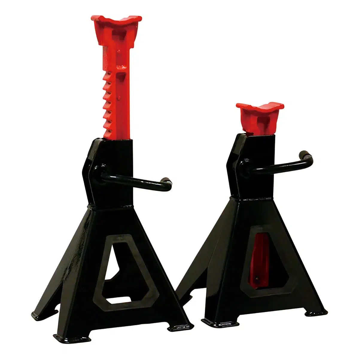 Pair of black and red ToolPRO ratchet car stands rated 3000kg per pair, with no secondary locking pin