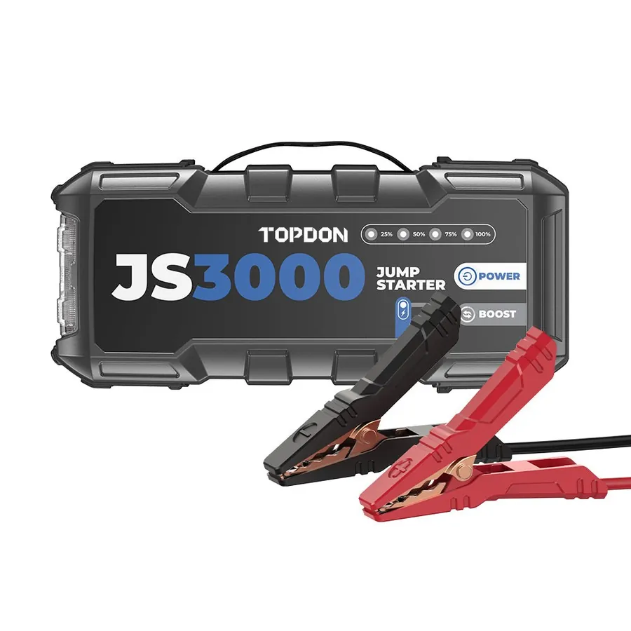TOPDON JumpSurge3000 3000A jump starter with short red and black clamp leads