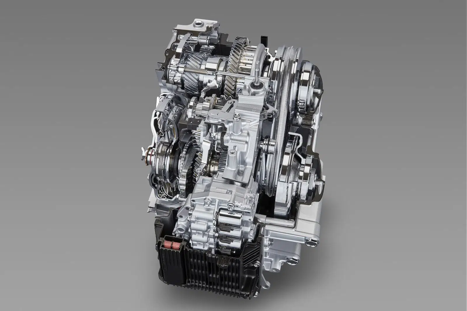 Toyota Direct Shift-CVT transmission with its launch gear and belt-and-pulley drive, studio image