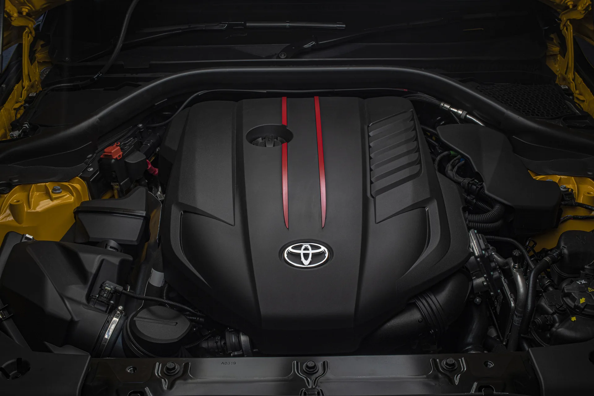 Engine cover and bay of a Toyota GR Supra 3.0-litre turbocharged inline-six petrol engine