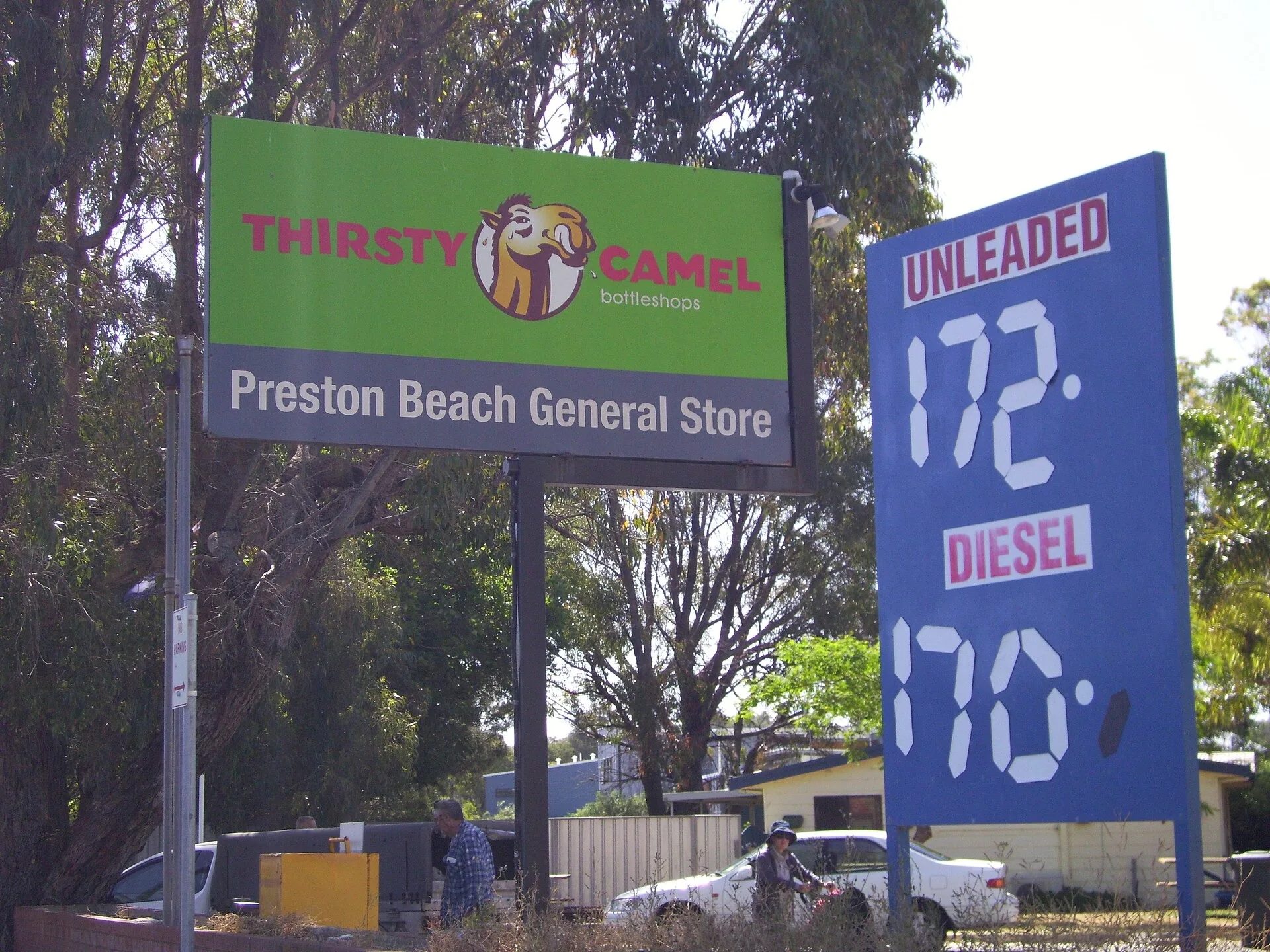 Roadside fuel price board at Preston Beach General Store in WA showing unleaded at 172.9 and diesel at 170.9 cents