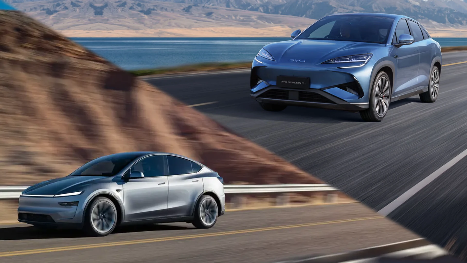 Tesla Model Y and BYD Sealion 7 Silver Tesla Model Y and blue BYD Sealion 7 electric SUVs on open roads, split diagonally, Australia's two best-selling EVs