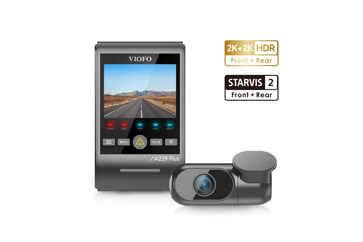 VIOFO A229 Plus front dash cam with screen and its matching STARVIS 2 rear camera