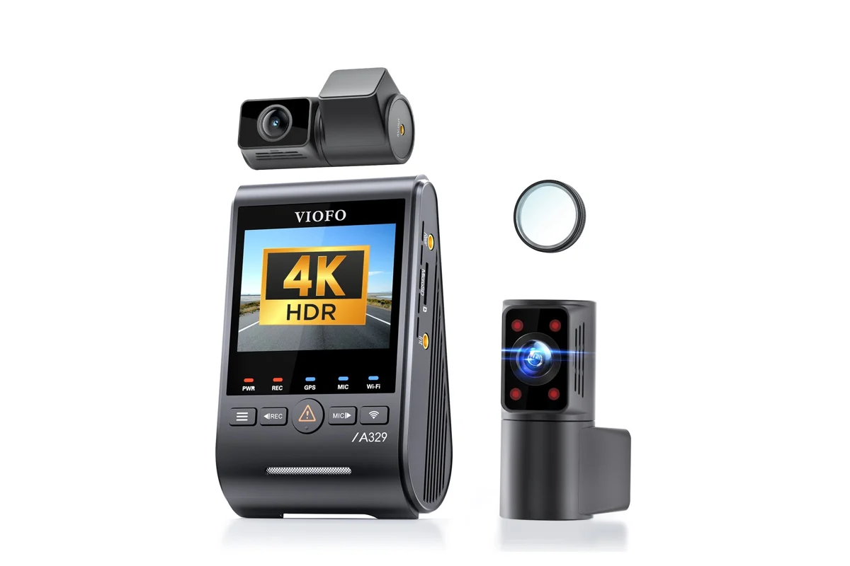VIOFO A329S 3CH front camera with its rear camera, infrared cabin camera and CPL filter