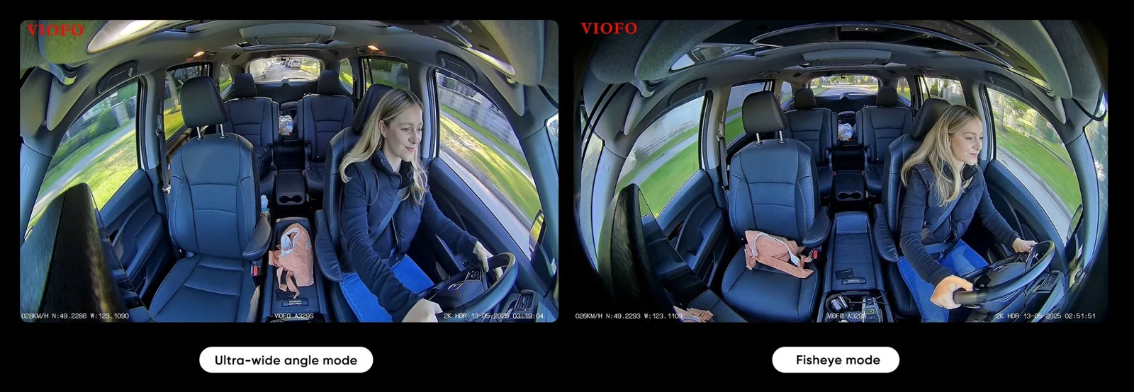 VIOFO A329S infrared cabin camera footage showing the driver and rear seats in wide and fisheye modes