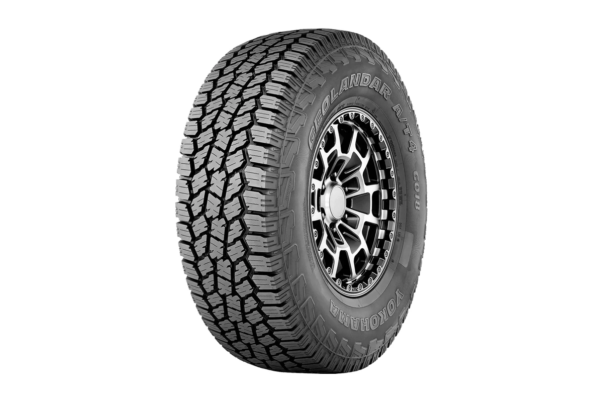 Yokohama Geolandar A/T4 G018 all-terrain tyre on a silver alloy wheel showing its tread pattern